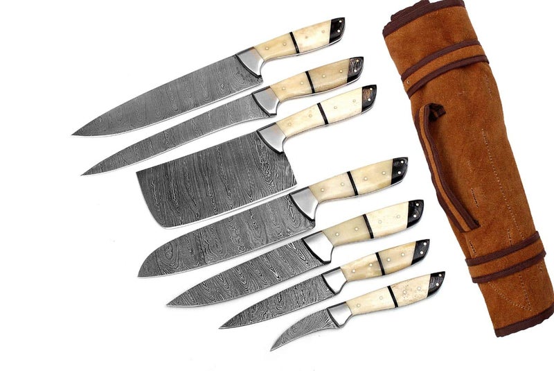 GladiatorsGuild G26- Professional Kitchen Knives Custom Made Damascus Steel 7 pcs of Professional Utility Chef Kitchen Knife Set with Chopper/Cleaver White & Black - Image 1
